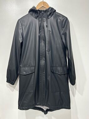 ZARA Women’s Black Rubberized Waterproof Lined Hooded Raincoat Jacket Size XS